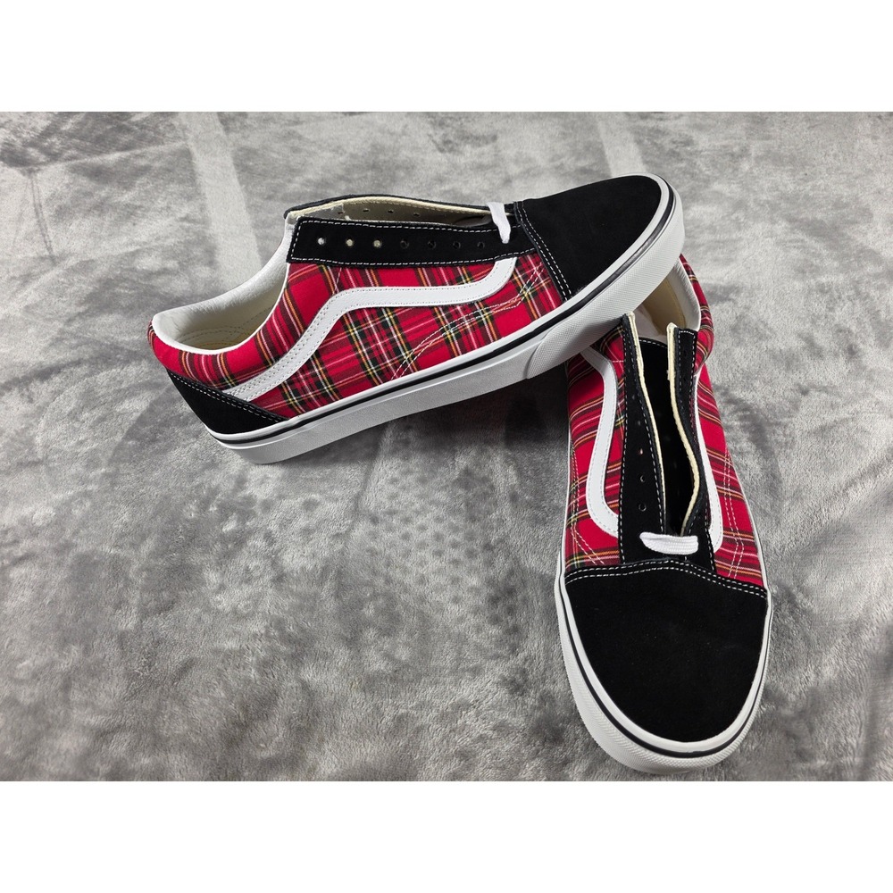 Vans Old Skool Red Plaid Canvas Black Suede Low Top Sneakers Mens 11 NEW